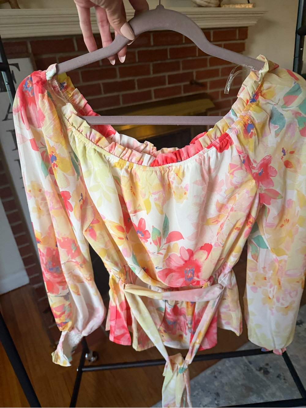 Flying Tomato Floral Off-Shoulder Blouse in Cream, Yellow, Pink